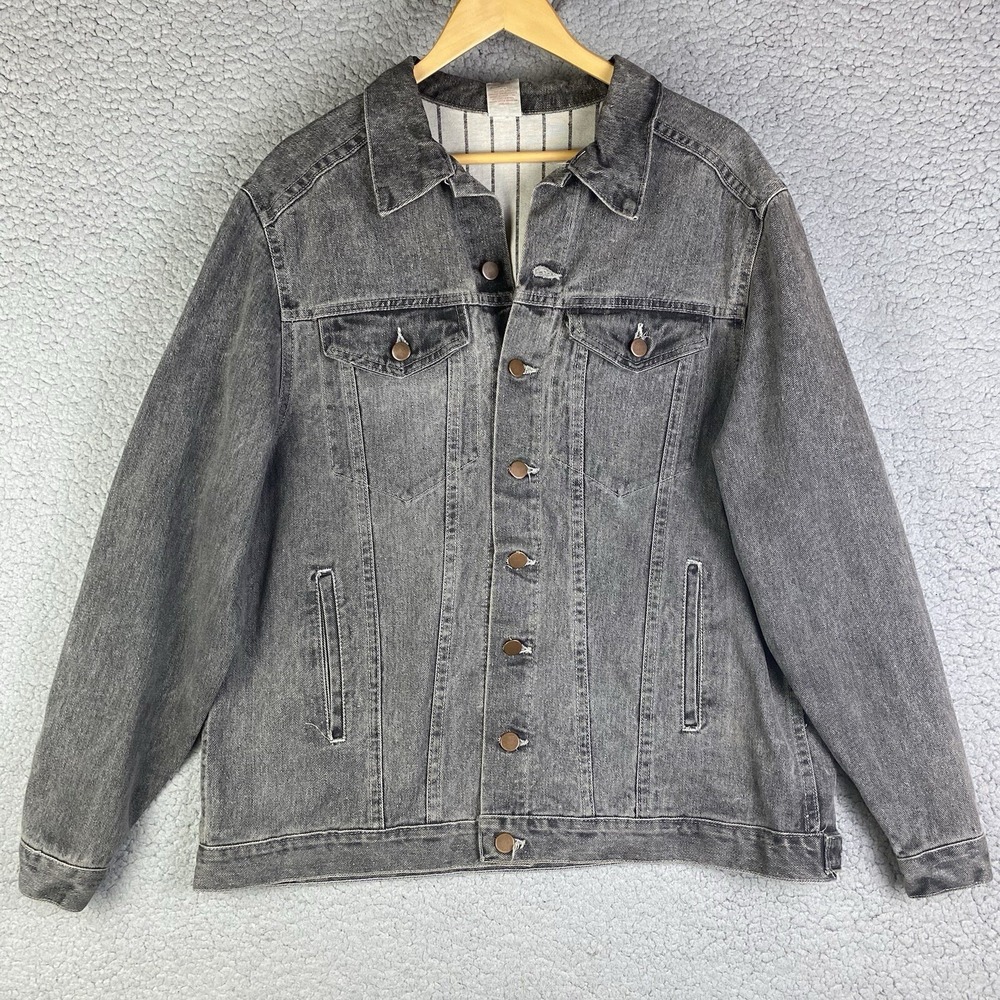 VTG Jean Jacket USA Made Gray Faded Black Denim Trucker Mens M Pinstripe Lining